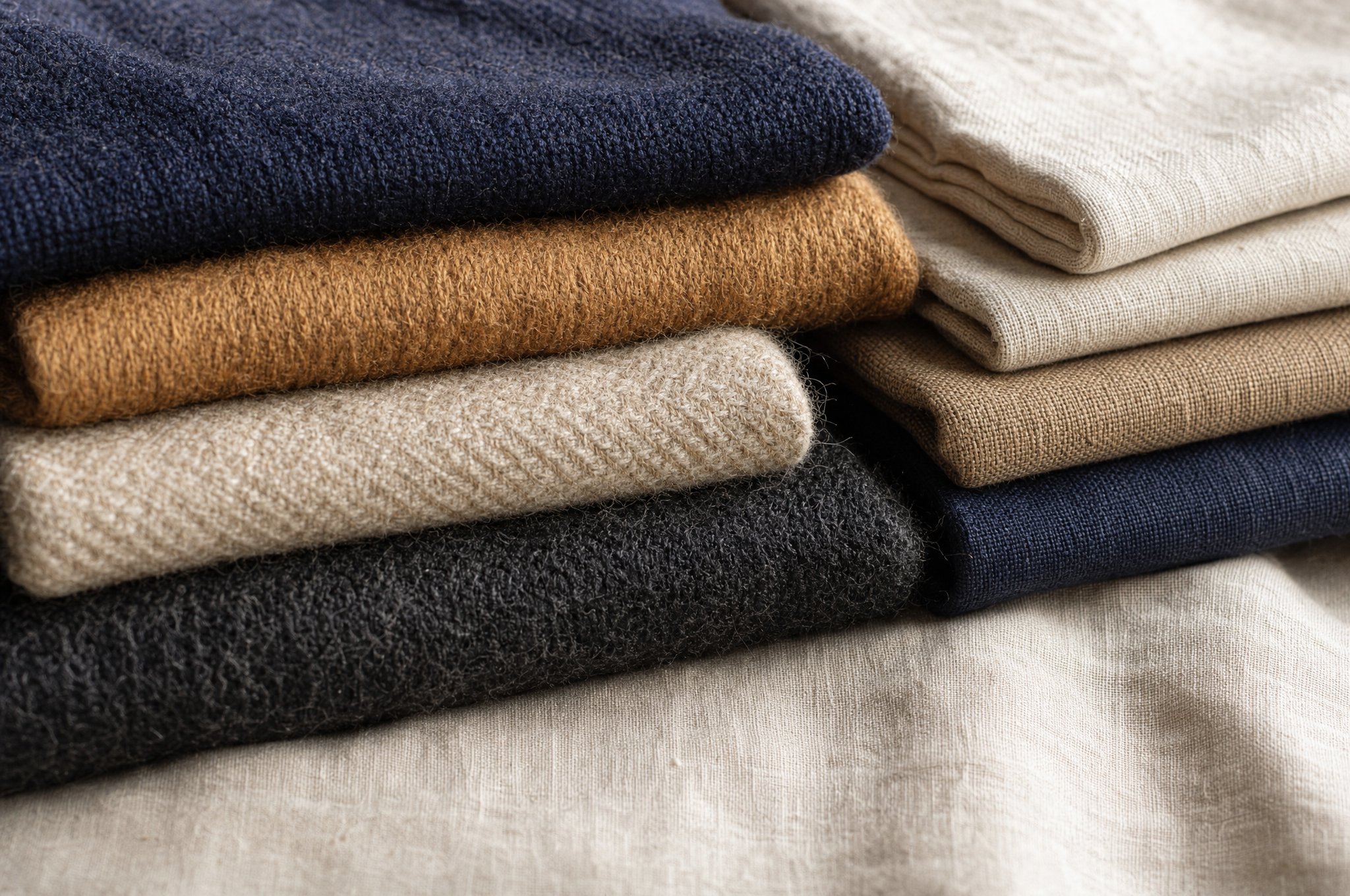 Stacked fabric swatches in wool, cotton, and linen