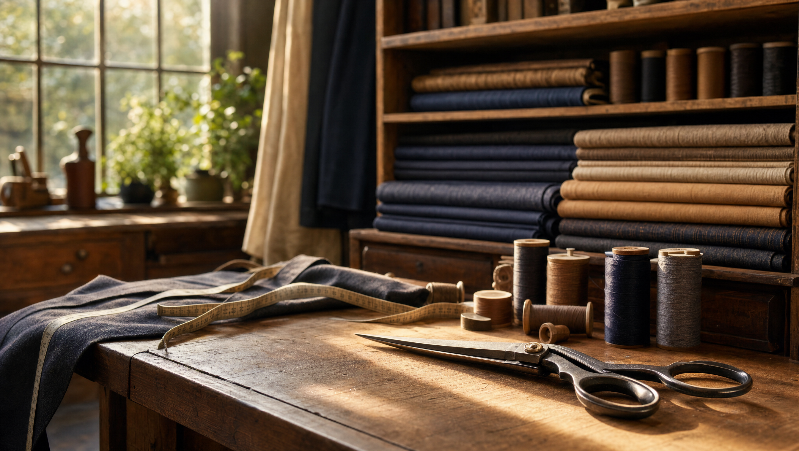 A sunlit tailor's workshop with bolts of wool fabric, shears, and thread