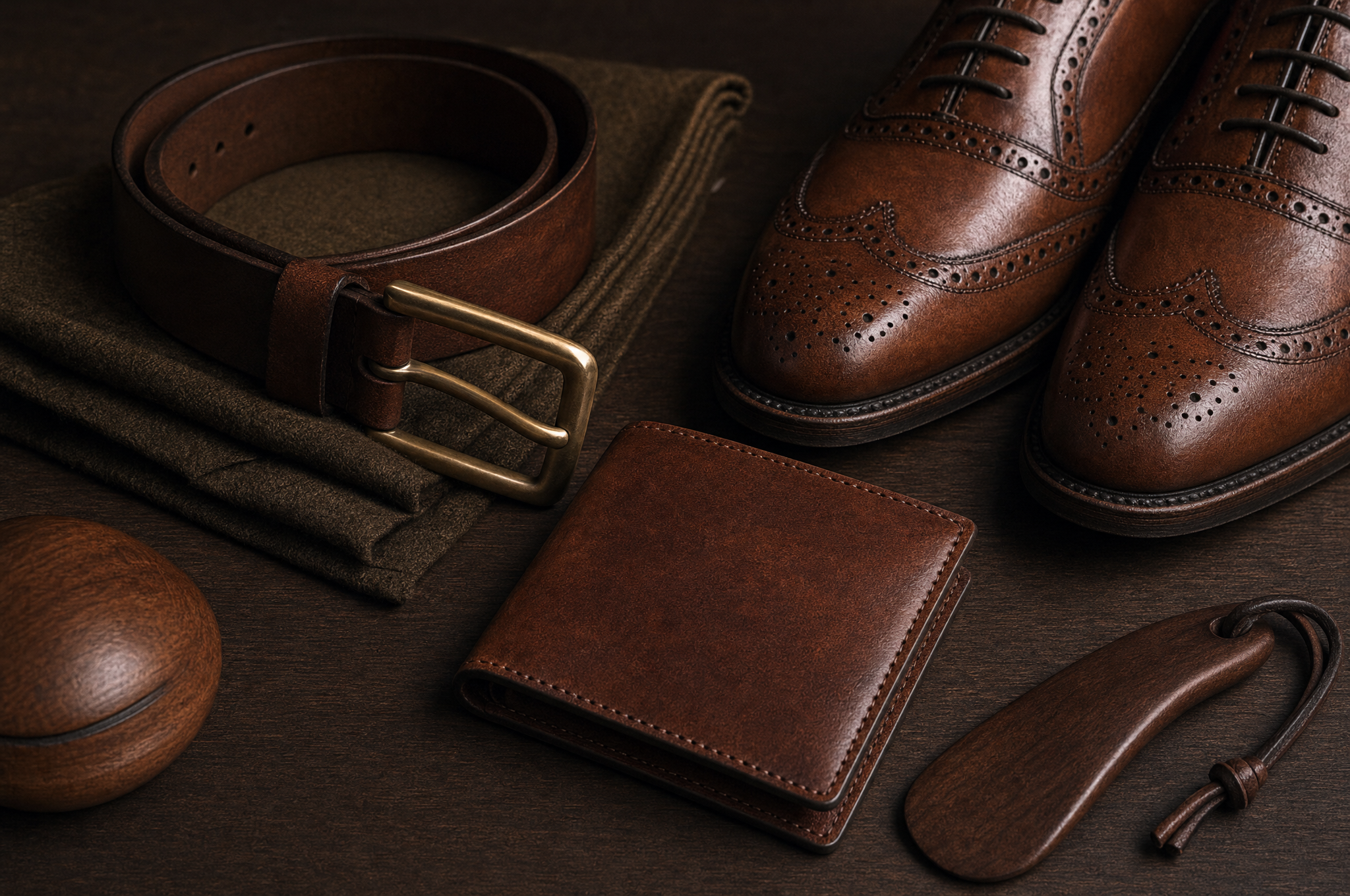 Full-grain leather wallet, belt, and brogues