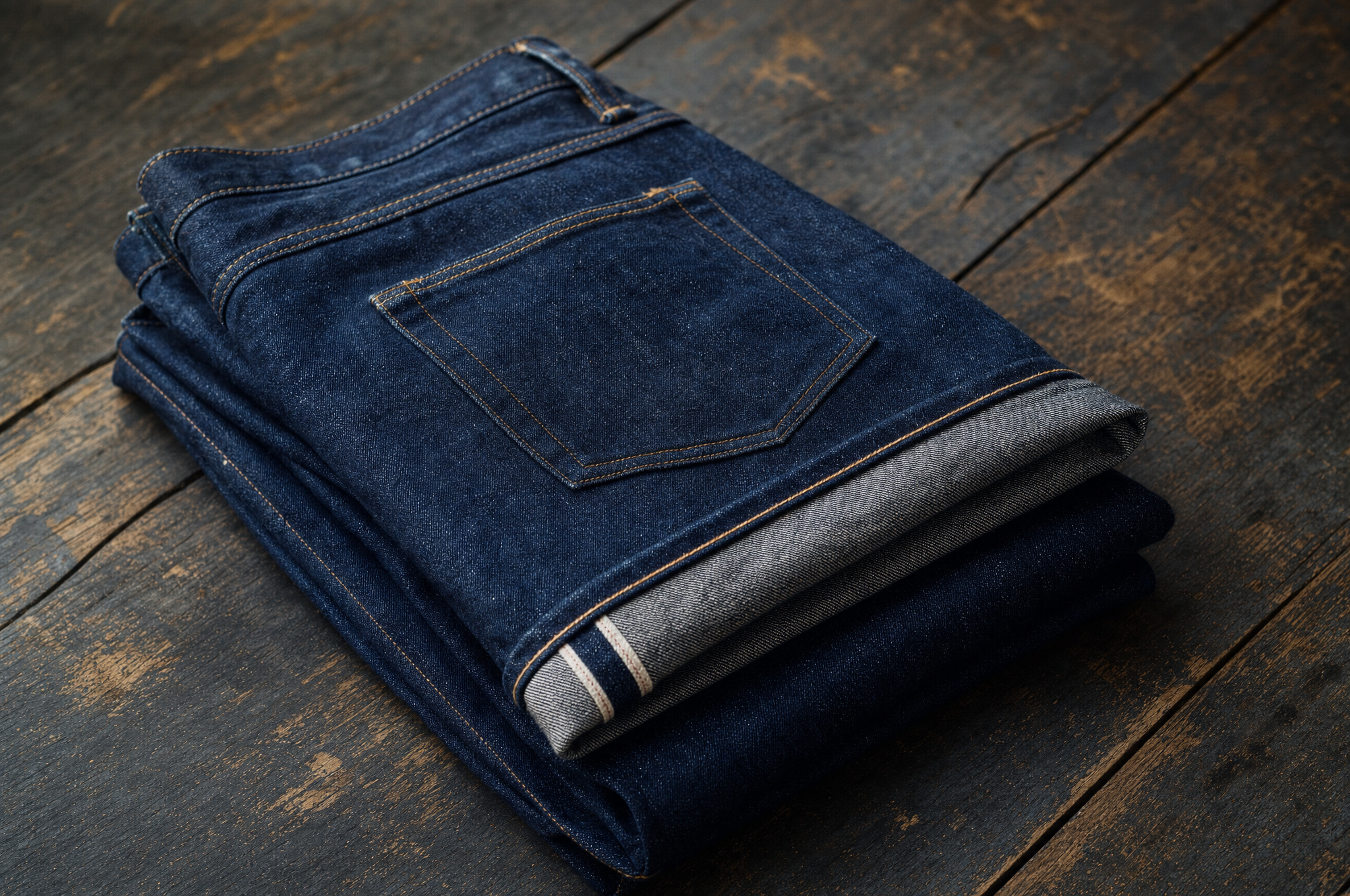 Folded raw selvedge indigo denim